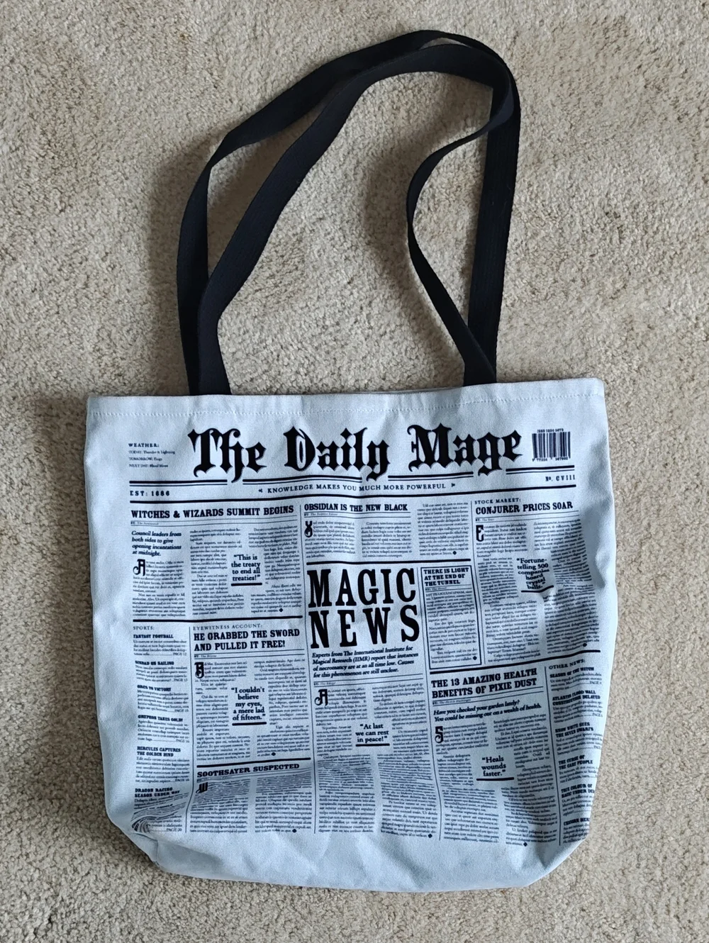 The Daily Mage 'Magic News' Newspaper Print Tote Bag - White & Black